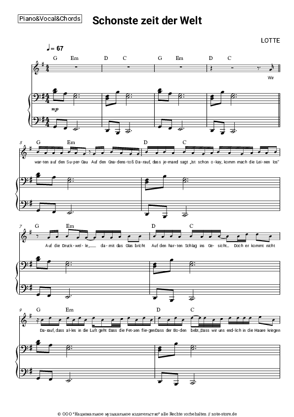 Noten und Akkorde LOTTE - Schönste zeit der Welt - Klavier&Gesang&Akkorde