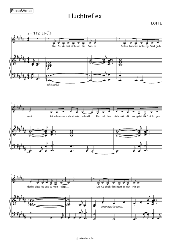 Noten mit Gesang LOTTE - Fluchtreflex - Klavier&Gesang