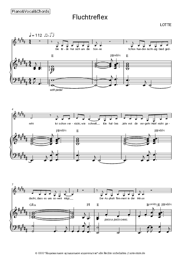 Noten und Akkorde LOTTE - Fluchtreflex - Klavier&Gesang&Akkorde