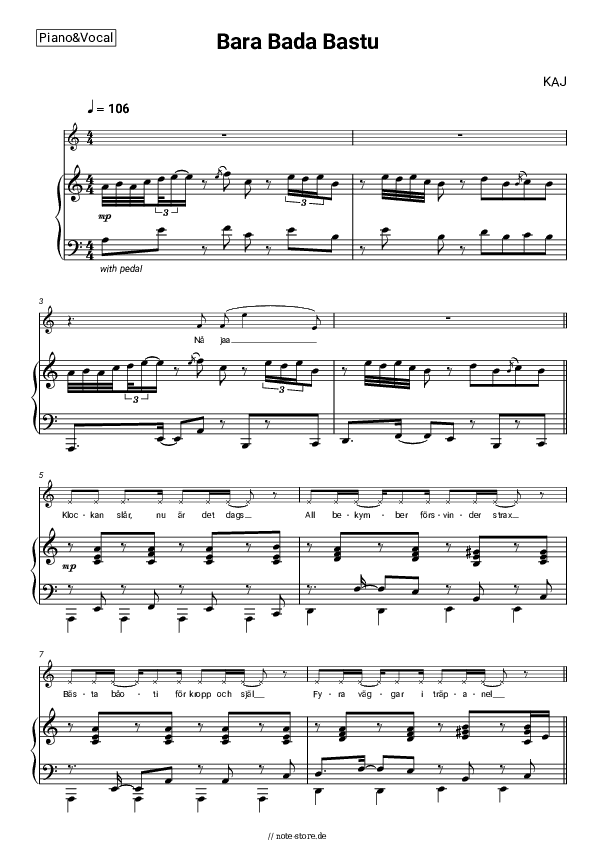 Noten mit Gesang KAJ - Bara Bada Bastu - Klavier&Gesang