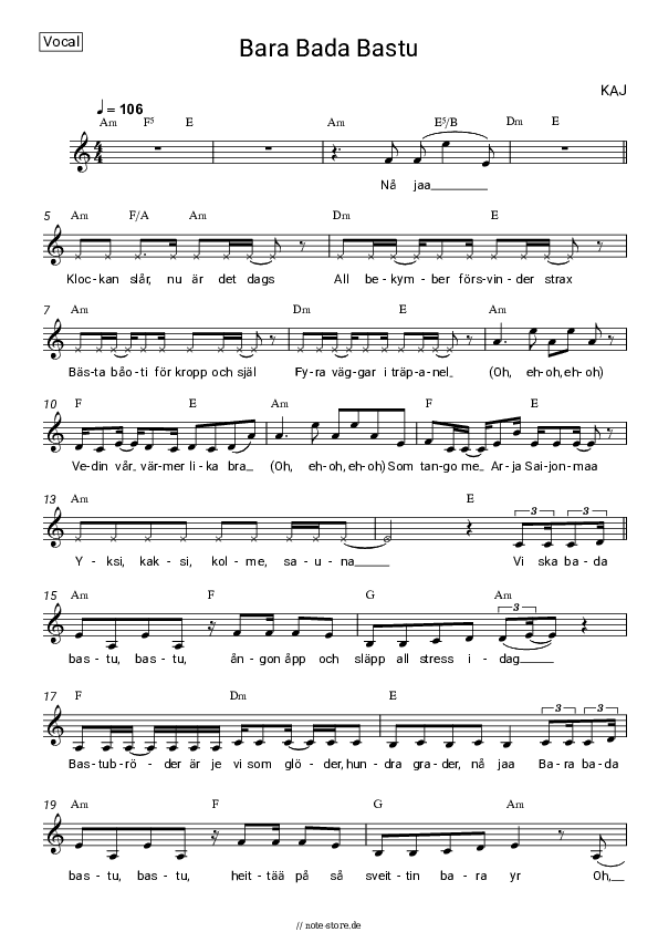 Noten KAJ - Bara Bada Bastu - Gesang