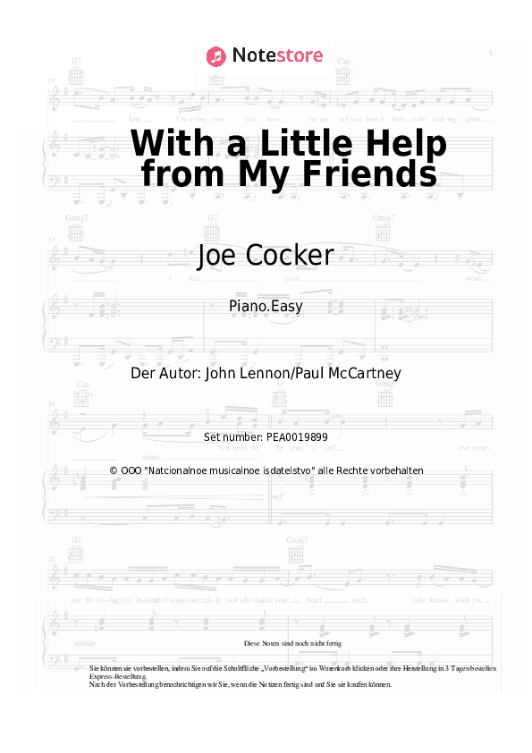 Einfache Noten Joe Cocker - With a Little Help from My Friends - Klavier.Einfach