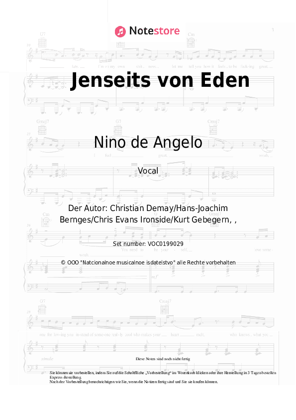 Noten Nino de Angelo - Jenseits von Eden - Gesang