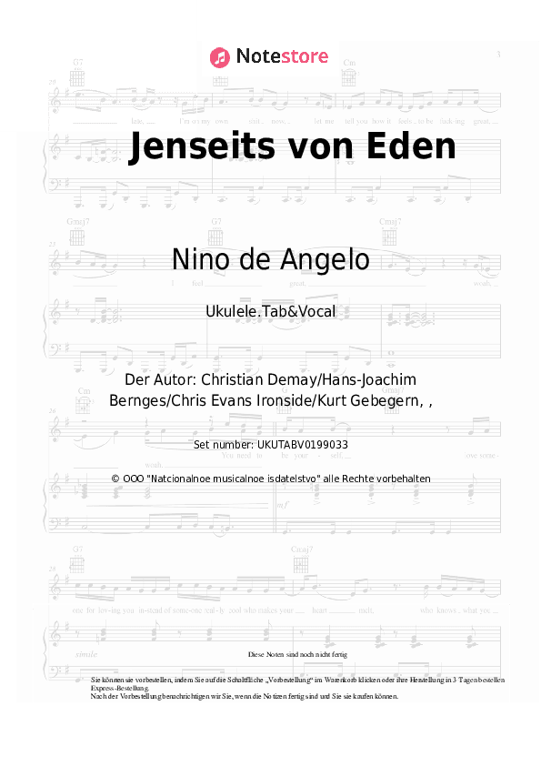Noten Nino de Angelo - Jenseits von Eden - Ukulele.Tabs&Gesang