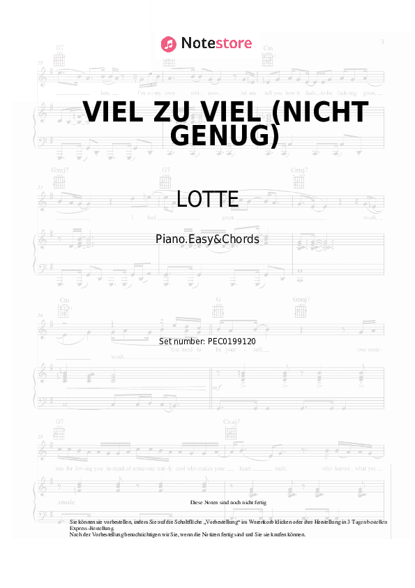 Einfache Noten und Akkorde LOTTE - VIEL ZU VIEL (NICHT GENUG) - Klavier.Einfach&Akkorde