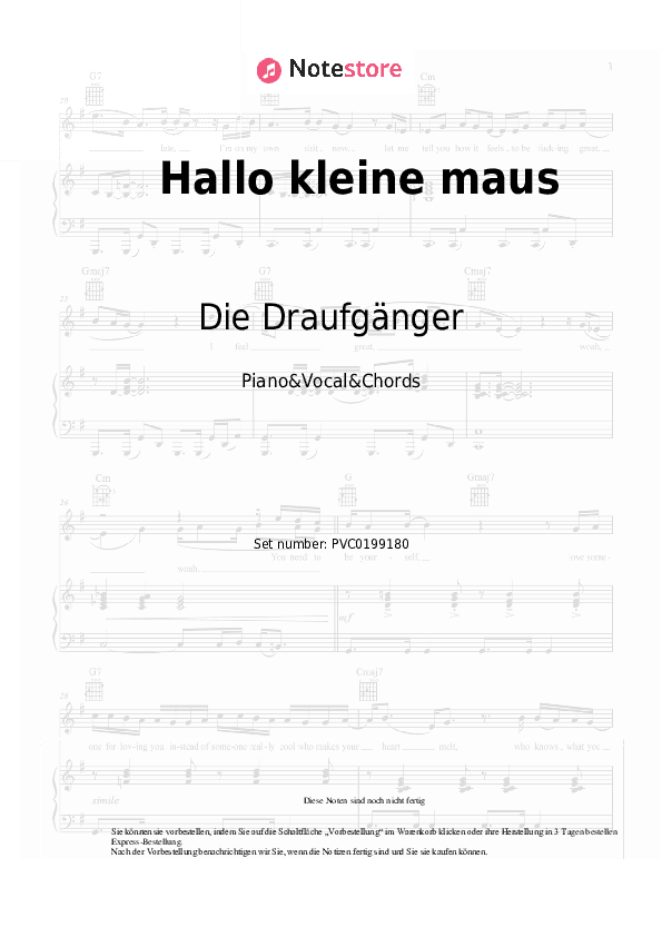 Noten und Akkorde Die Draufgänger, Hannah - Hallo kleine maus - Klavier&Gesang&Akkorde