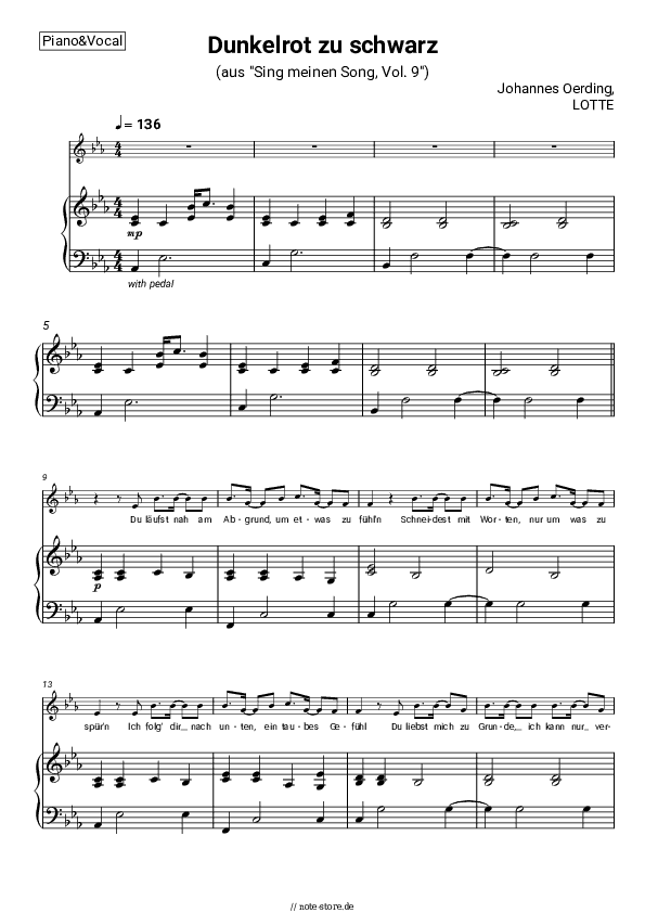 Noten mit Gesang Johannes Oerding, LOTTE - Dunkelrot zu schwarz - Klavier&Gesang