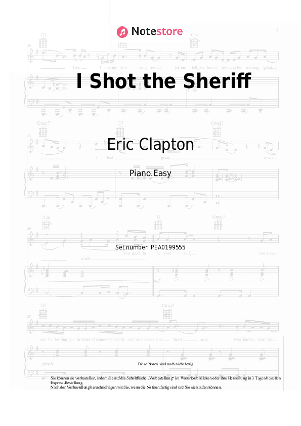 Einfache Noten Eric Clapton - I Shot the Sheriff - Klavier.Einfach