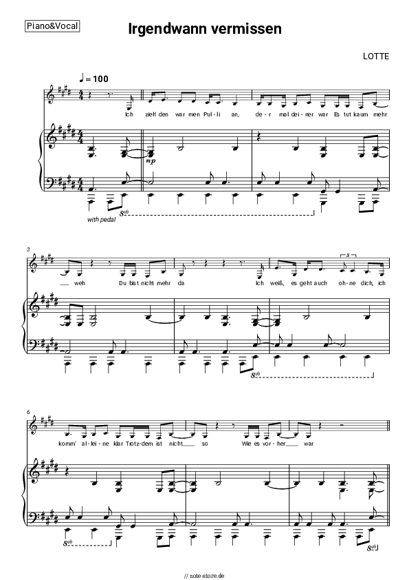 Noten mit Gesang LOTTE - Irgendwann vermissen - Klavier&Gesang