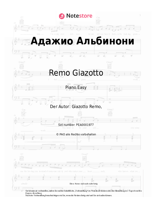 Einfache Noten Remo Giazotto - Adagio in G minor - Klavier.Einfach