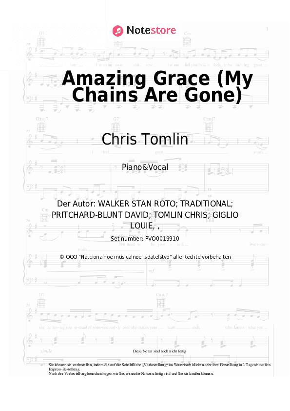 Noten mit Gesang Chris Tomlin - Amazing Grace (My Chains Are Gone) - Klavier&Gesang