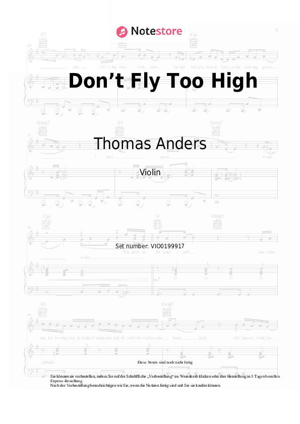 Noten Thomas Anders - Don’t Fly Too High - Violine