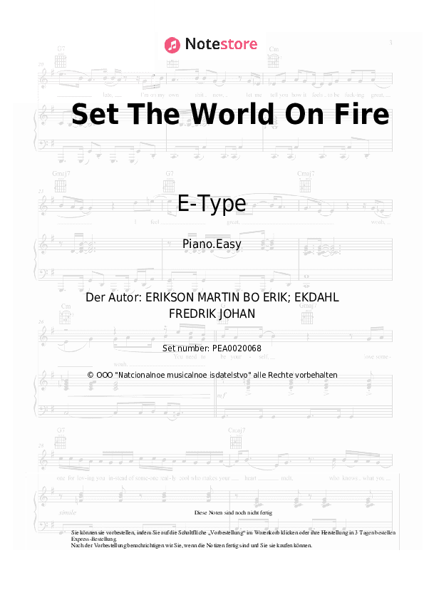 Einfache Noten E-Type - Set The World On Fire - Klavier.Einfach
