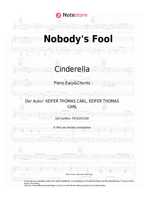 Einfache Noten und Akkorde Cinderella - Nobody's Fool - Klavier.Einfach&Akkorde