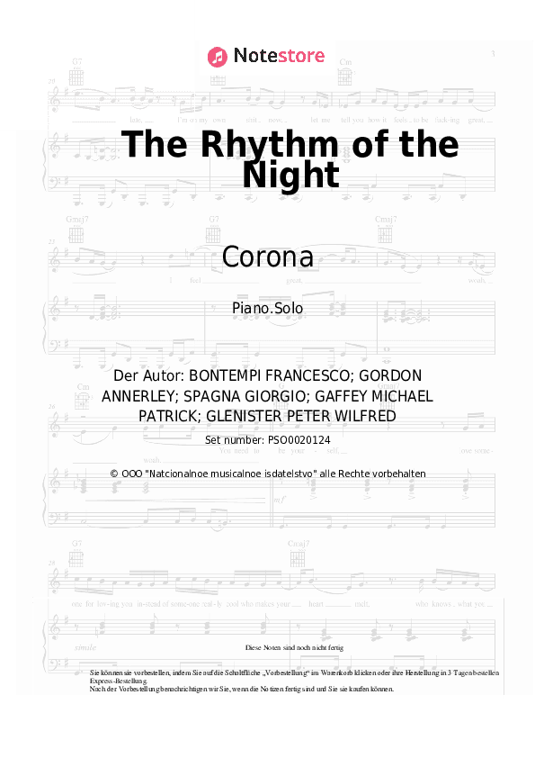 Noten Corona - The Rhythm of the Night - Klavier.Solo