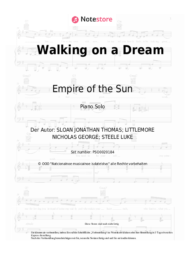 Noten Empire of the Sun - Walking on a Dream - Klavier.Solo