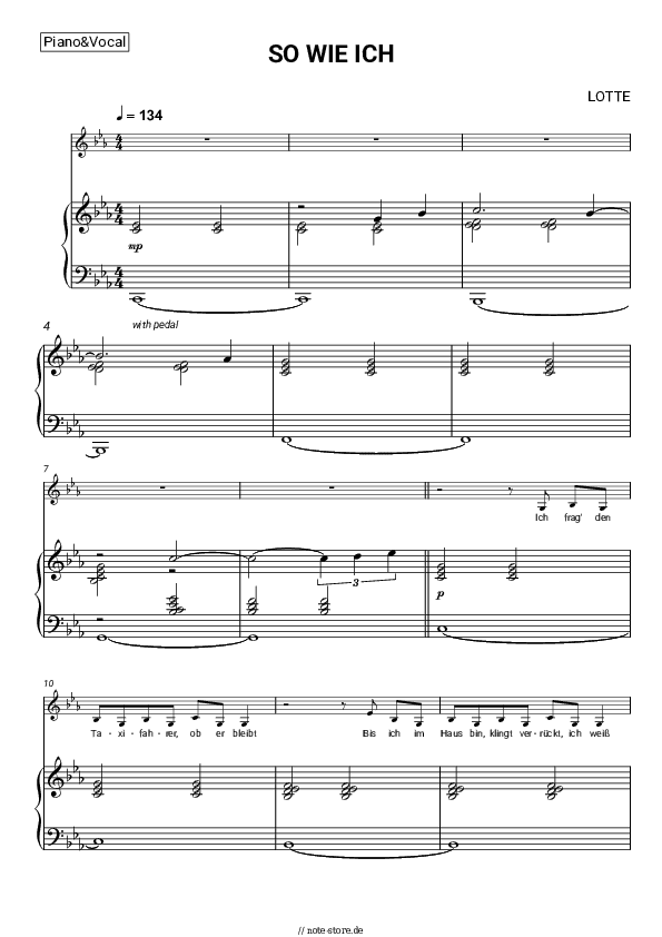 Noten mit Gesang LOTTE - SO WIE ICH - Klavier&Gesang