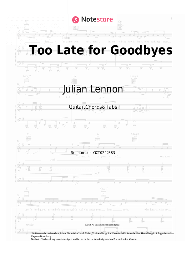 Akkorde Julian Lennon - Too Late for Goodbyes - Gitarren.Akkorde&Tabas