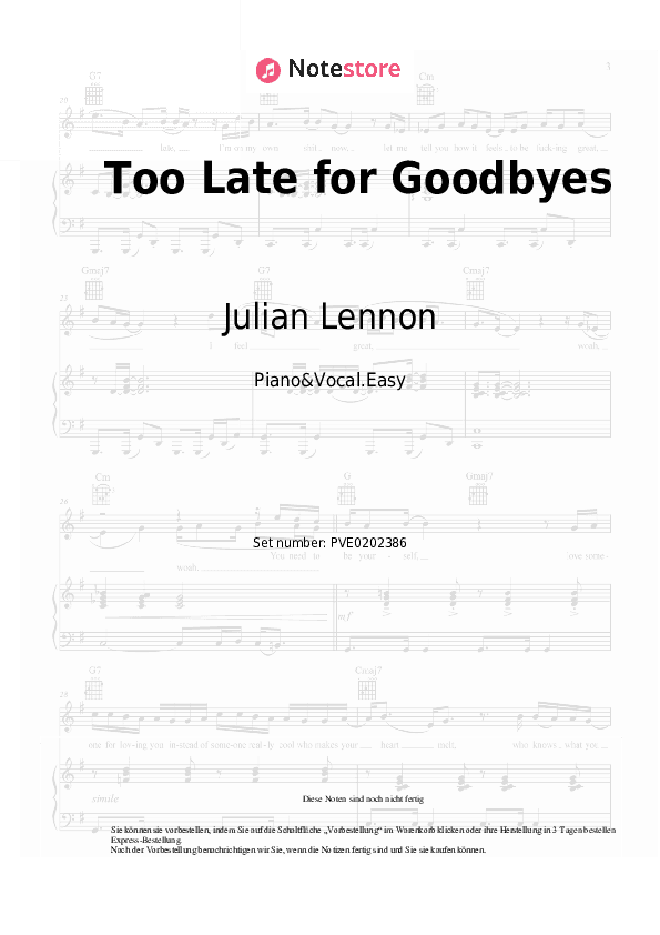 Einfache Noten Julian Lennon - Too Late for Goodbyes - Klavier&Gesang.Einfach