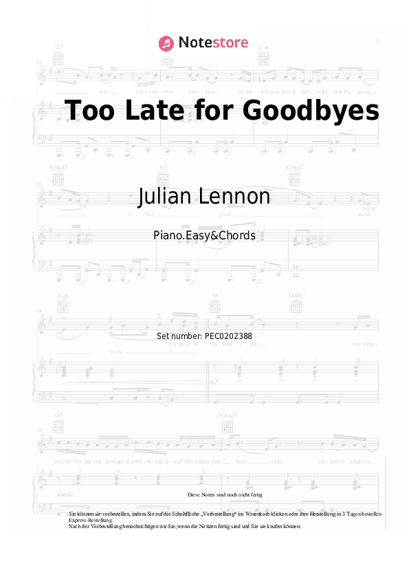 Einfache Noten und Akkorde Julian Lennon - Too Late for Goodbyes - Klavier.Einfach&Akkorde