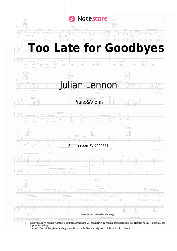 Noten Julian Lennon - Too Late for Goodbyes - Klavier&Geige