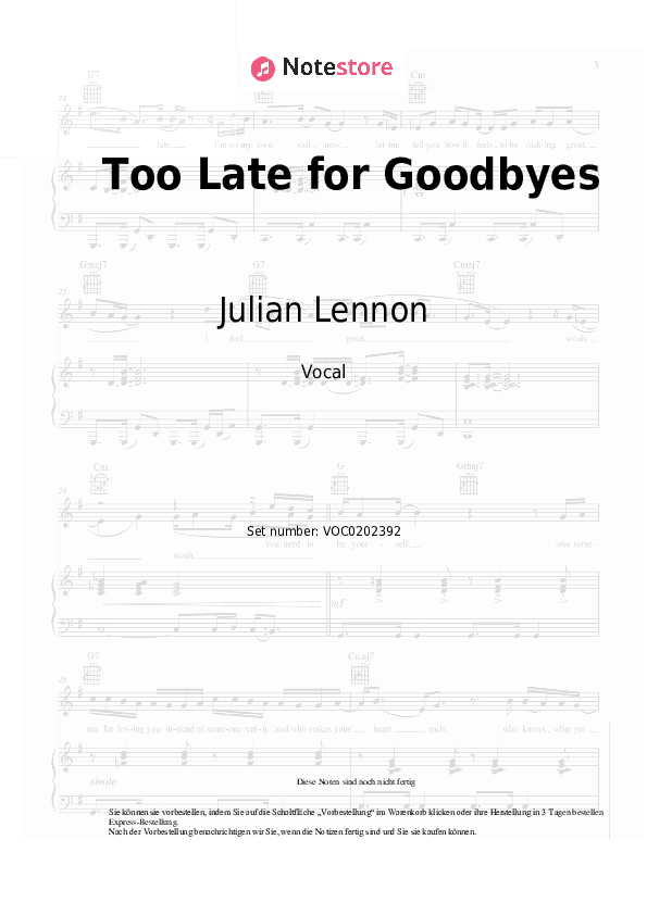 Noten Julian Lennon - Too Late for Goodbyes - Gesang