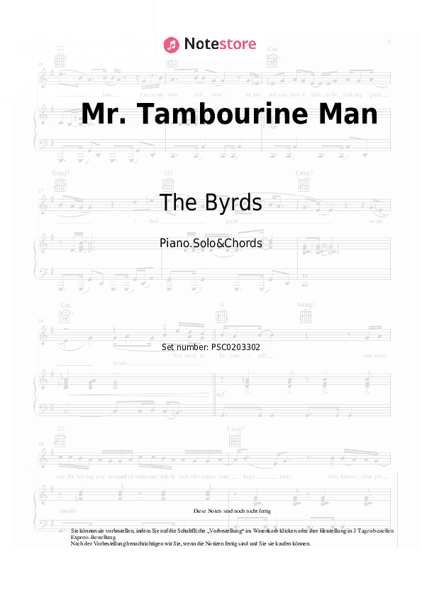 Noten und Akkorde The Byrds - Mr. Tambourine Man	 - Klavier.Solo&Akkorde