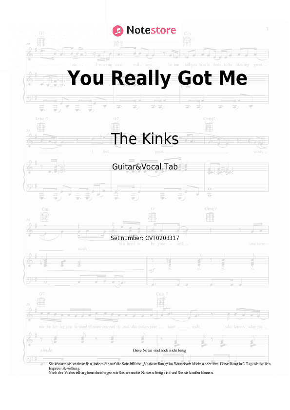 Akkorde und Gesang The Kinks - You Really Got Me	 - Gitarre&Gesang.Tabs