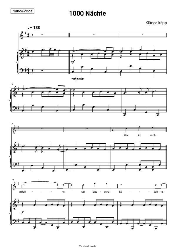 Noten mit Gesang Klüngelköpp - 1000 Nächte - Klavier&Gesang