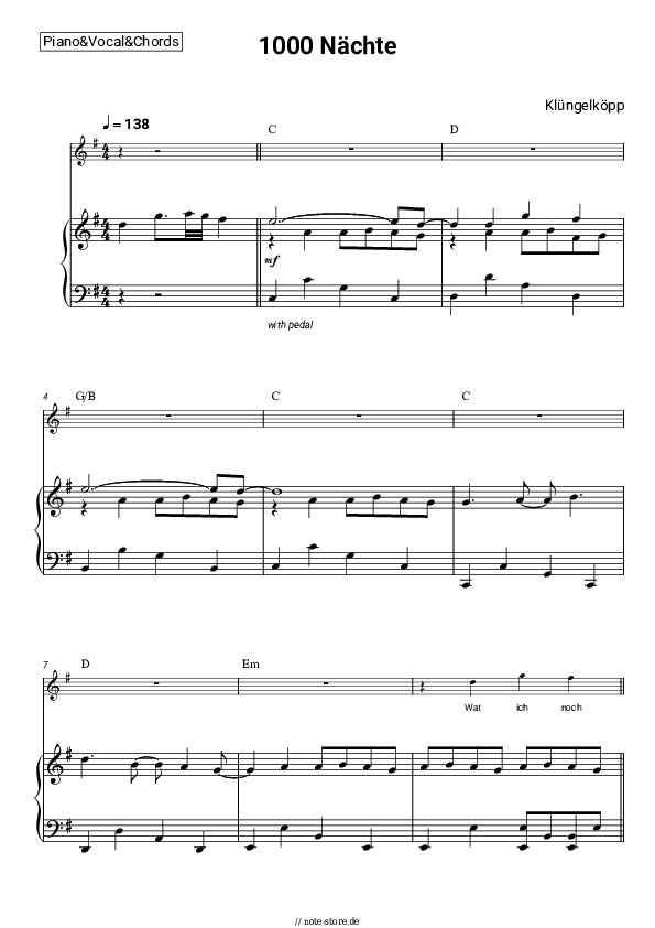 Noten und Akkorde Klüngelköpp - 1000 Nächte - Klavier&Gesang&Akkorde