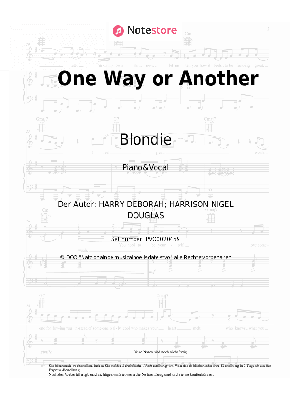 Noten mit Gesang Blondie - One Way or Another - Klavier&Gesang