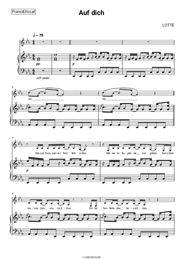 Noten mit Gesang LOTTE - Auf dich - Klavier&Gesang