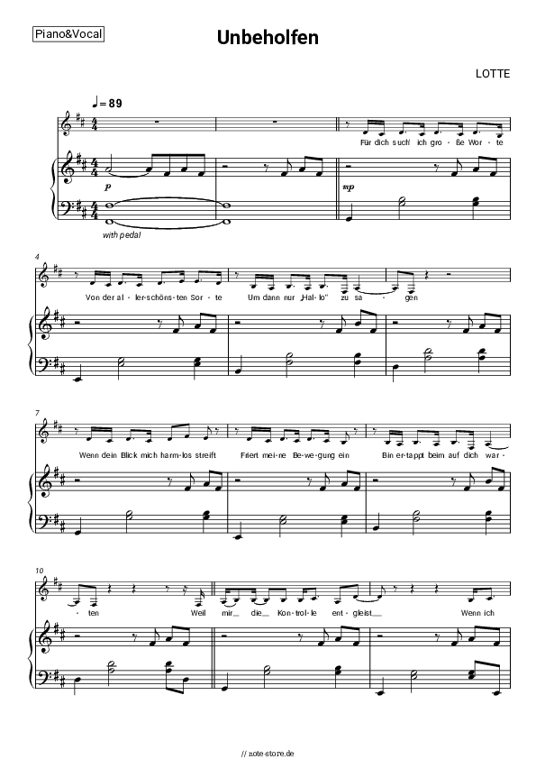 Noten mit Gesang LOTTE - Unbeholfen - Klavier&Gesang