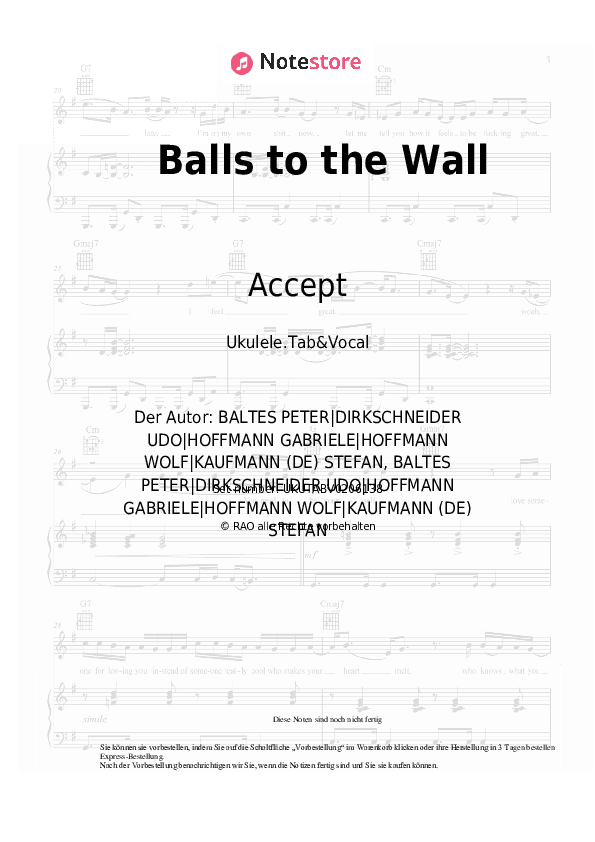 Noten Accept - Balls to the Wall - Ukulele.Tabs&Gesang