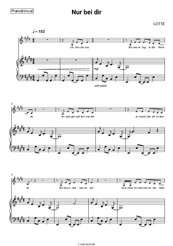 Noten mit Gesang LOTTE - Nur bei dir - Klavier&Gesang