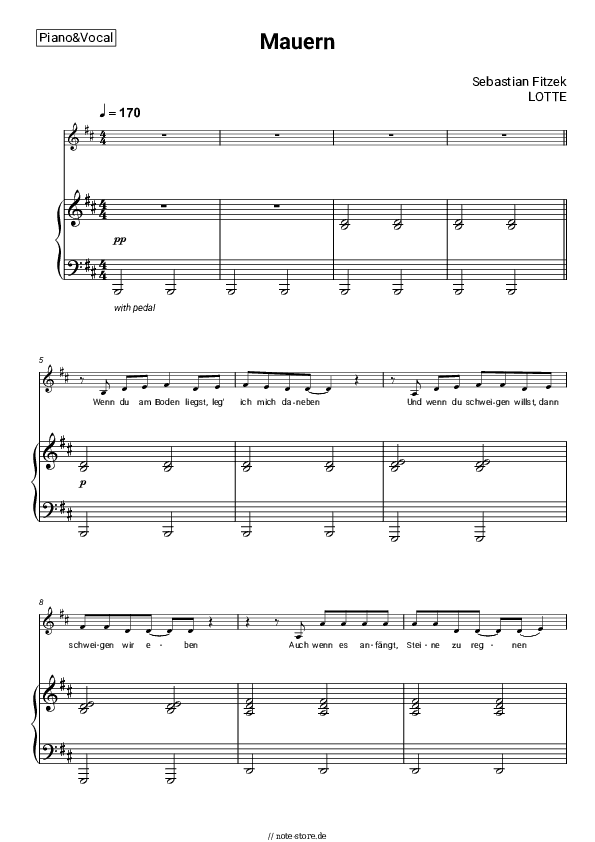 Noten mit Gesang Sebastian Fitzek, LOTTE - Mauern - Klavier&Gesang