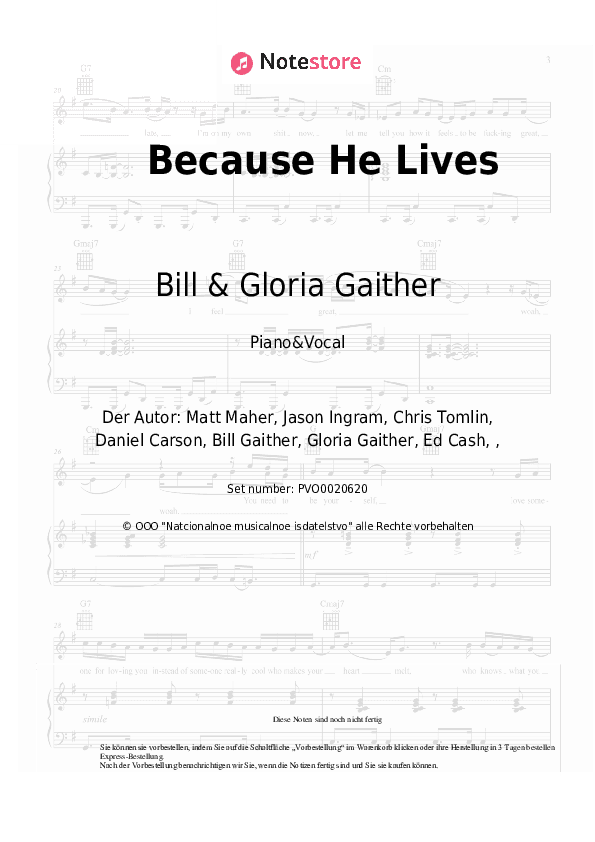 Noten mit Gesang Bill & Gloria Gaither - Because He Lives - Klavier&Gesang