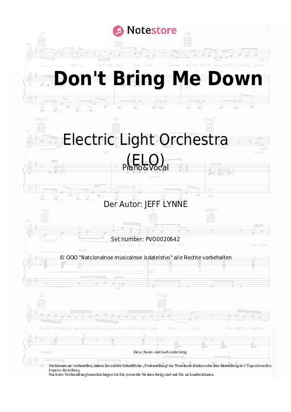 Noten mit Gesang Electric Light Orchestra (ELO) - Don't Bring Me Down - Klavier&Gesang