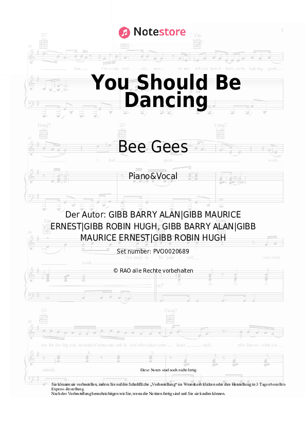 Noten mit Gesang Bee Gees - You Should Be Dancing - Klavier&Gesang