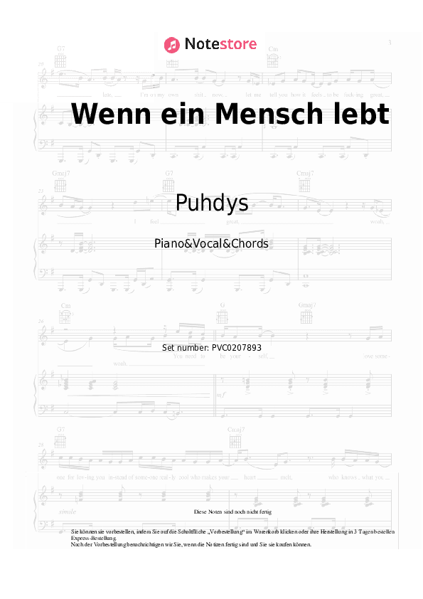 Noten und Akkorde Puhdys - Wenn ein Mensch lebt - Klavier&Gesang&Akkorde