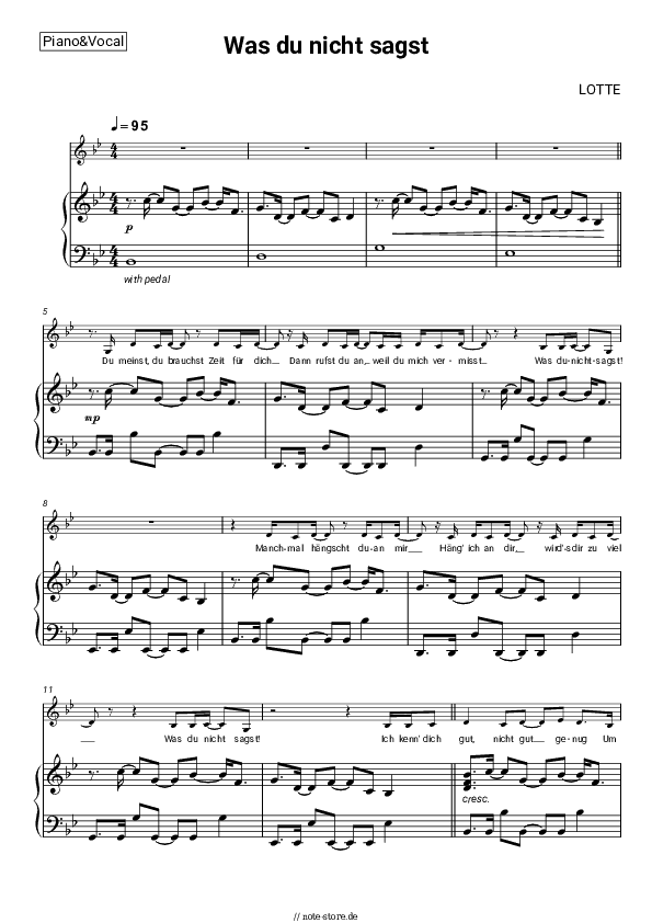 Noten mit Gesang LOTTE - Was du nicht sagst - Klavier&Gesang