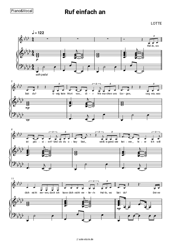 Noten mit Gesang LOTTE - Ruf einfach an - Klavier&Gesang