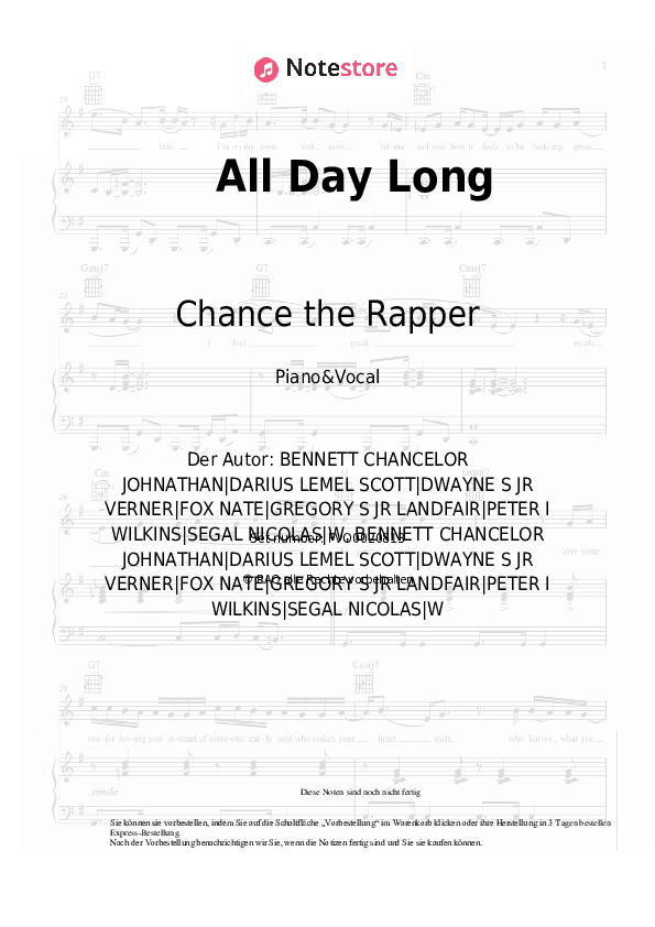 Noten mit Gesang Chance the Rapper, John Legend - All Day Long - Klavier&Gesang