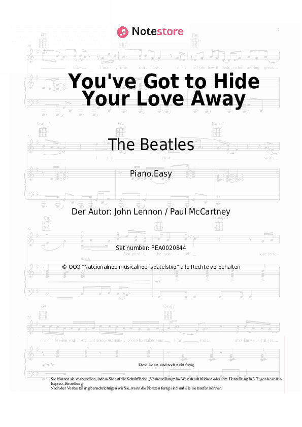 Einfache Noten The Beatles - You've Got to Hide Your Love Away - Klavier.Einfach
