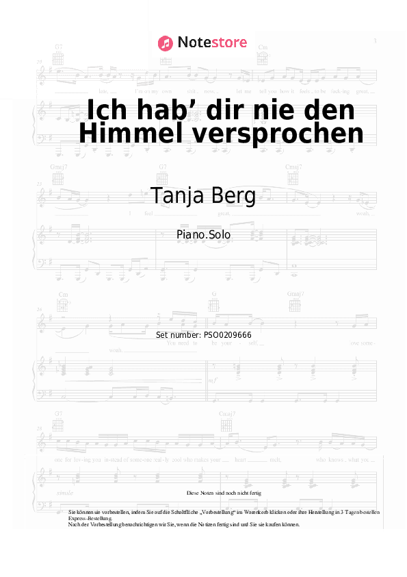 Noten Tanja Berg - Ich hab’ dir nie den Himmel versprochen - Klavier.Solo