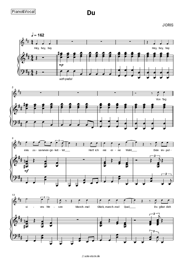 Noten mit Gesang JORIS - Du - Klavier&Gesang