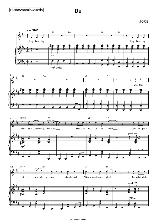 Noten und Akkorde JORIS - Du - Klavier&Gesang&Akkorde