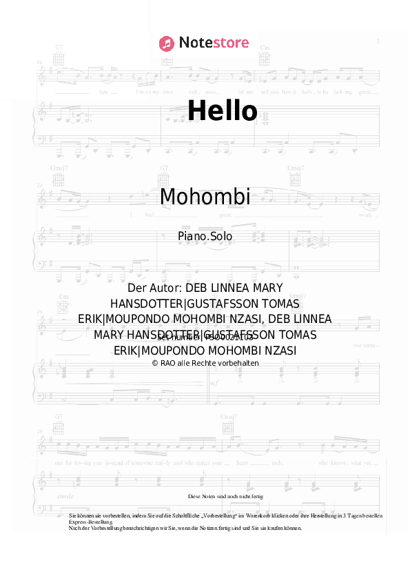 Noten Mohombi - Hello - Klavier.Solo
