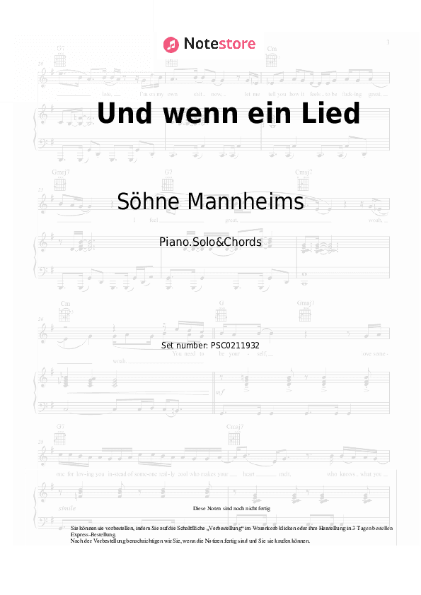 Noten und Akkorde Söhne Mannheims - Und wenn ein Lied - Klavier.Solo&Akkorde