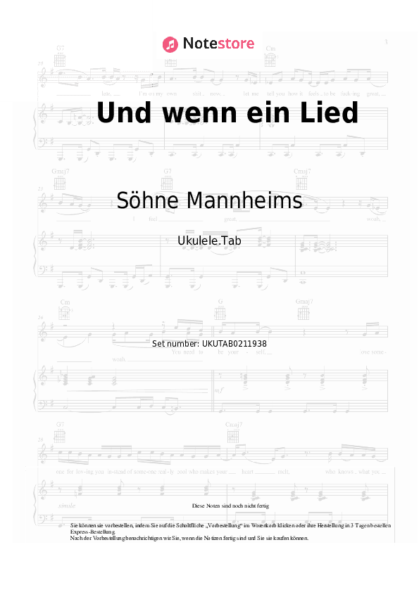 Noten Söhne Mannheims - Und wenn ein Lied - Ukulele.Tabs